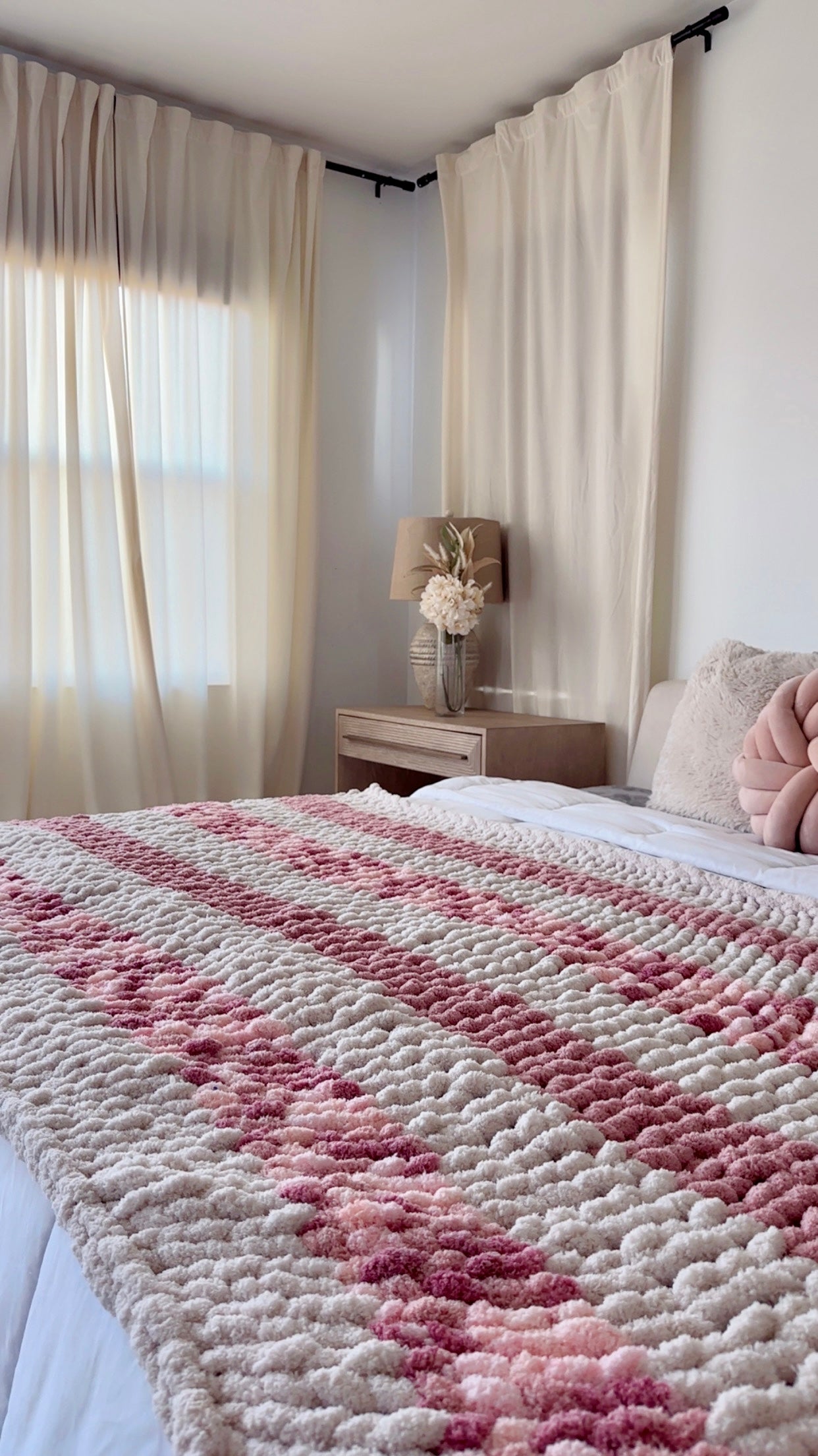 Blush & Cream Striped Chunky Knit Blanket – Handmade Cozy Throw