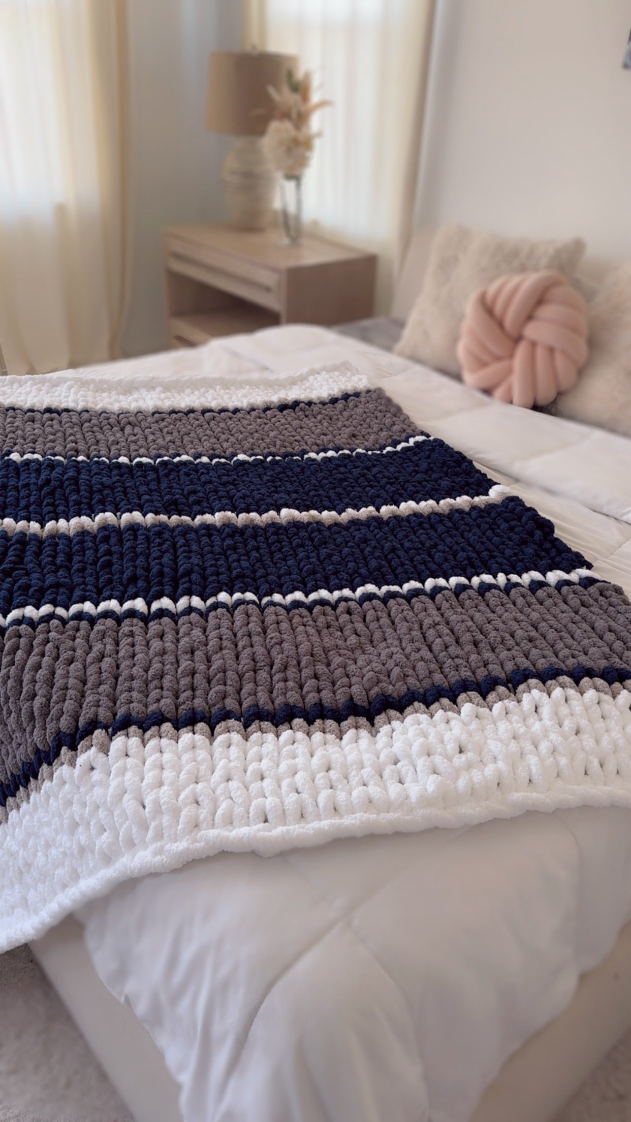 Cozy Striped Chunky Knit Blanket – Navy, Taupe & White